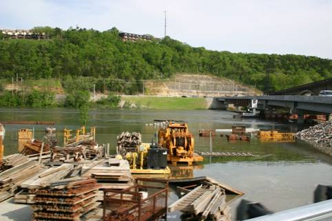 Lake Taneycome Bridge staging area for construction equipment